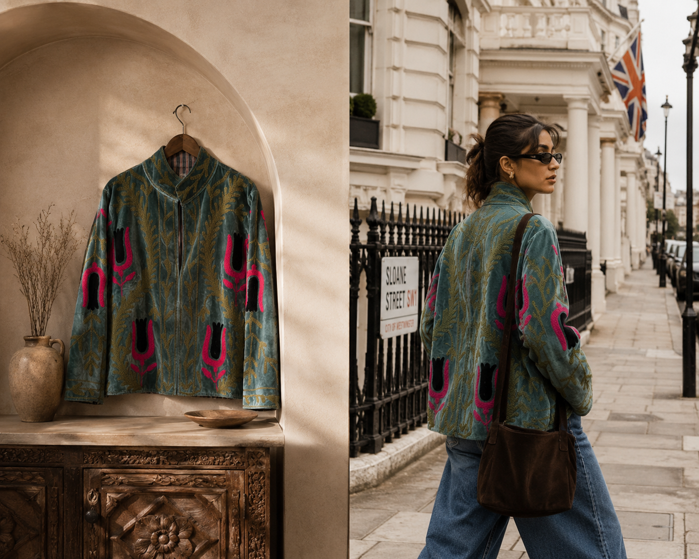 Embroidered teal velvet Nari jacket on a hanger beside a model wearing it on Sloane Street, London